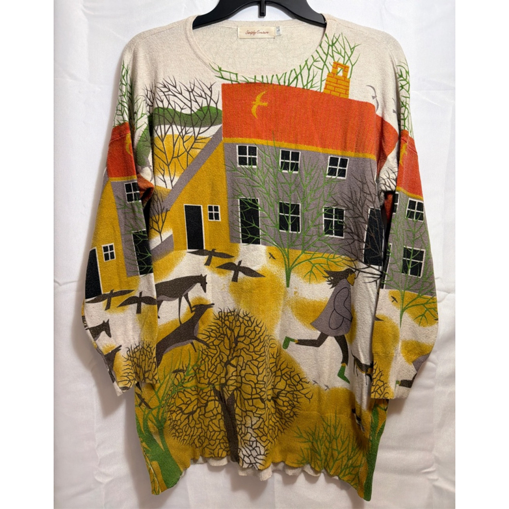 Women's Simply Couture L Novelty Scene Tunic Sweater Grandma Cottagecore